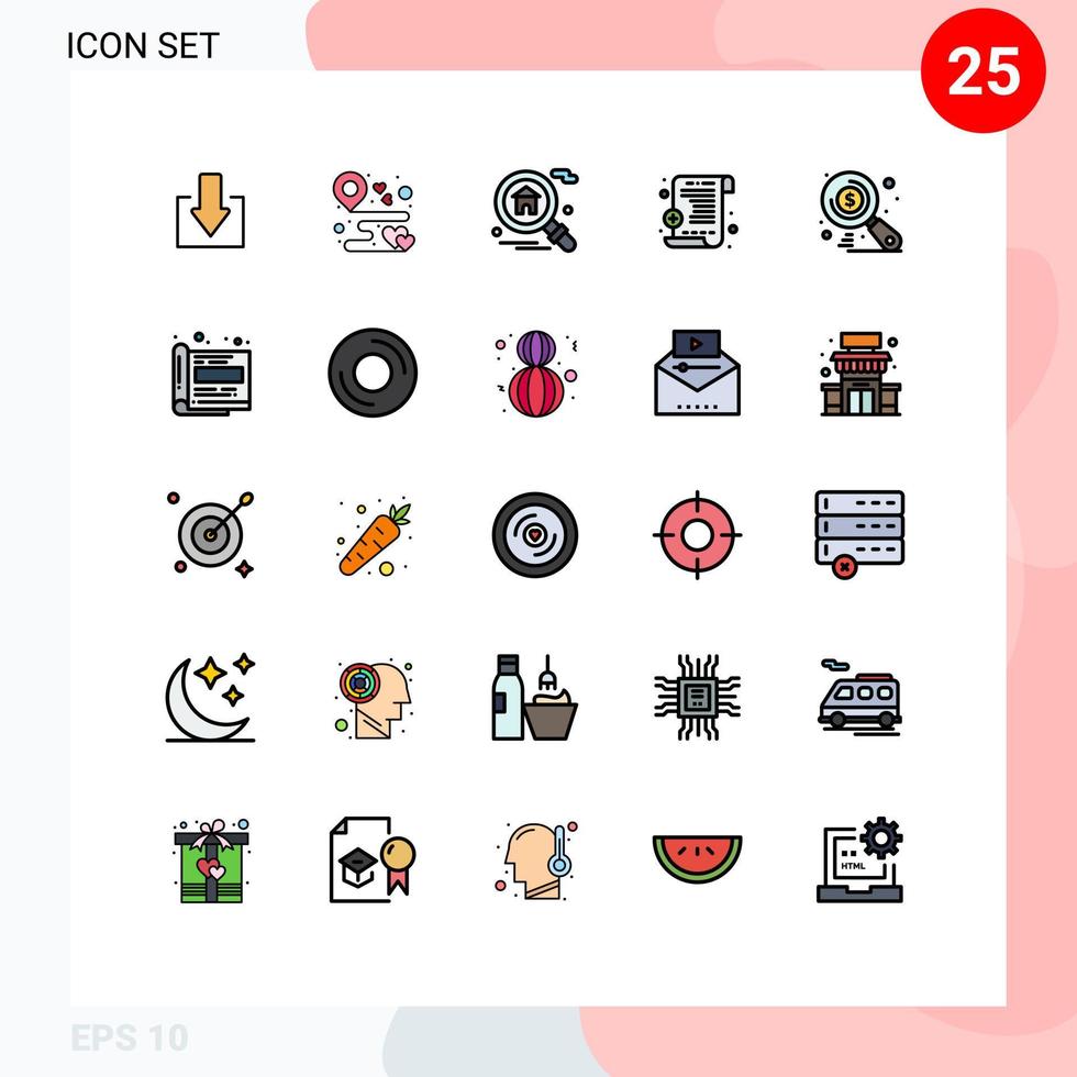 grupp av 25 fylld linje platt färger tecken och symboler för design Sök Hem marknadsföra recept redigerbar vektor design element