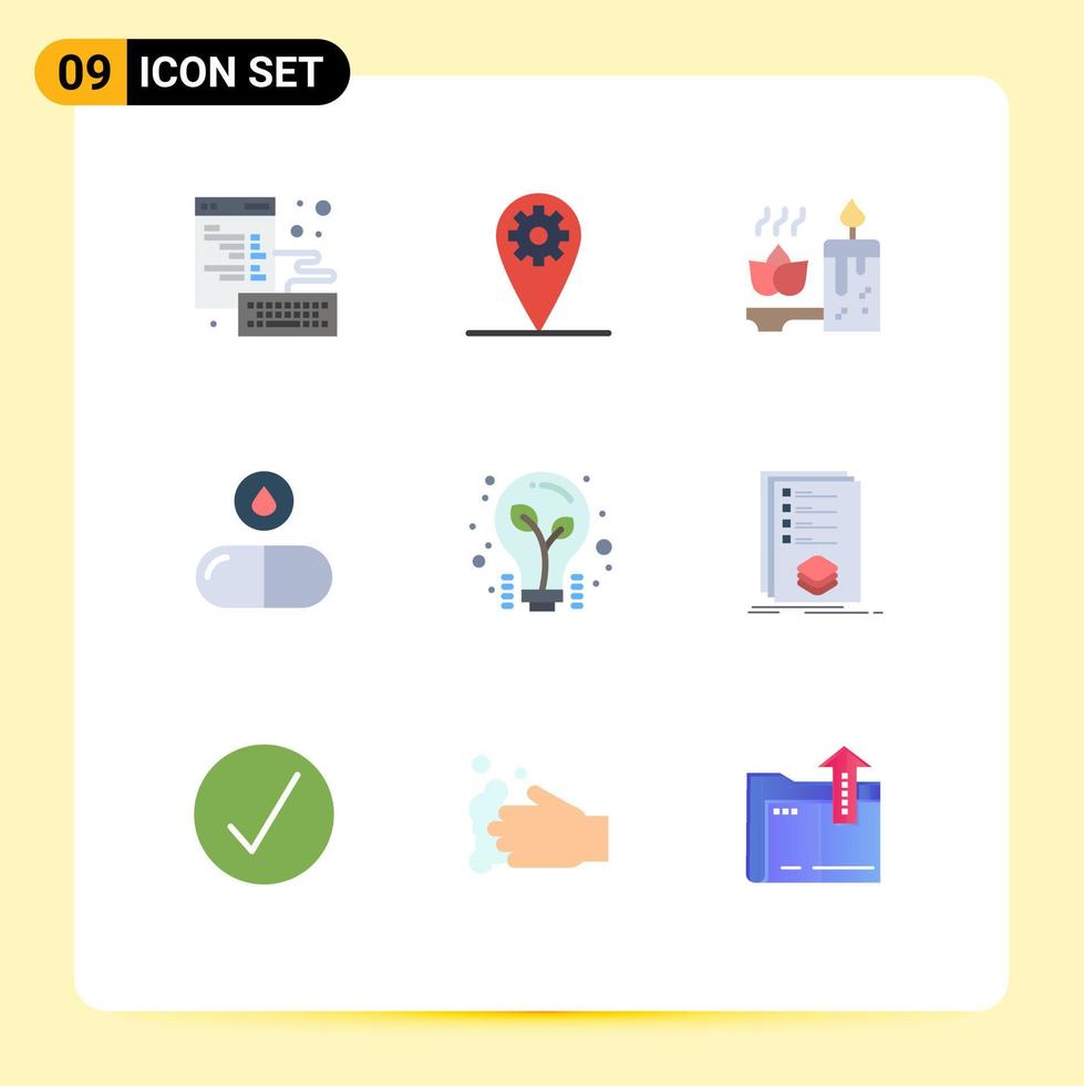 satz von 9 flachen vektorfarben auf raster für glühbirne, kerze, tablette, editierbare vektordesignelemente vektor