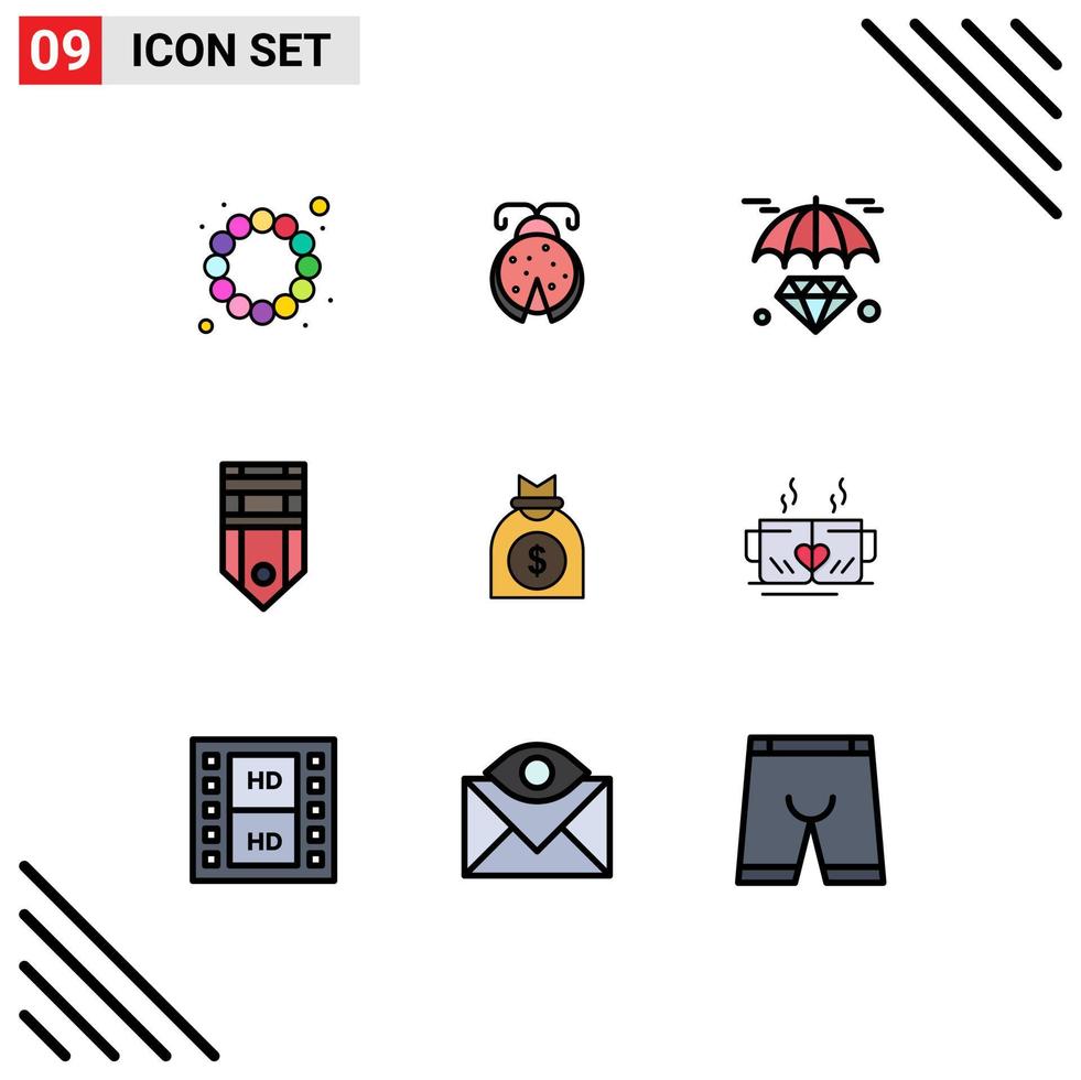 Stock Vector Icon Pack mit 9 Zeilenzeichen und Symbolen für Geldanhänger halten Streifen militärische editierbare Vektordesign-Elemente