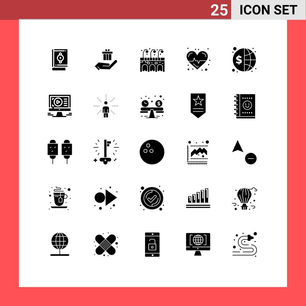 25 universell fast glyf tecken symboler av investering finansiera stad vård hjärta redigerbar vektor design element