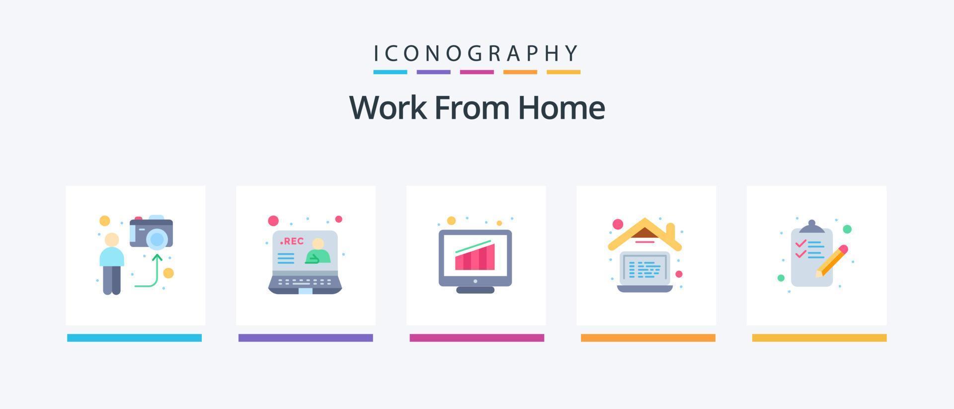 Work from Home Flat 5 Icon Pack inklusive Laptop. Computer. Internet. Diagramm. online. kreatives Symboldesign vektor