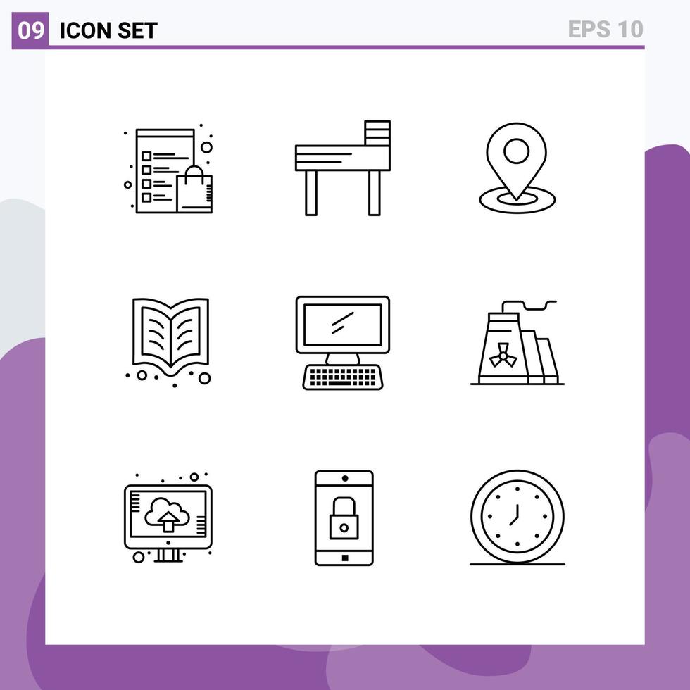 Stock Vector Icon Pack mit 9 Zeilen Zeichen und Symbolen für Gerät Computer Karte Lesebuch editierbare Vektordesign-Elemente