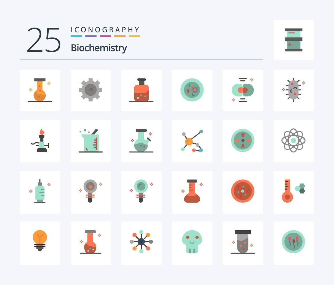 Biochemie 25 flaches Farbsymbolpaket einschließlich Zelle. Biochemie. Wissenschaft. Labor. Chemie vektor