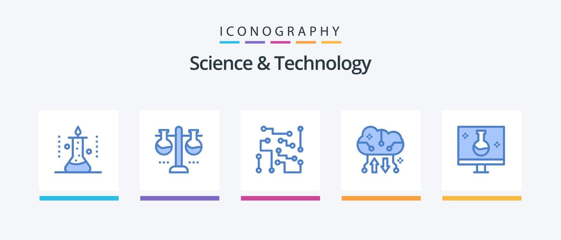 Wissenschaft und Technologie Blue 5 Icon Pack inklusive Cloud-Speicher. Cloud-Backup. Testkolben. Wissenschaft. Elektronik. kreatives Symboldesign vektor