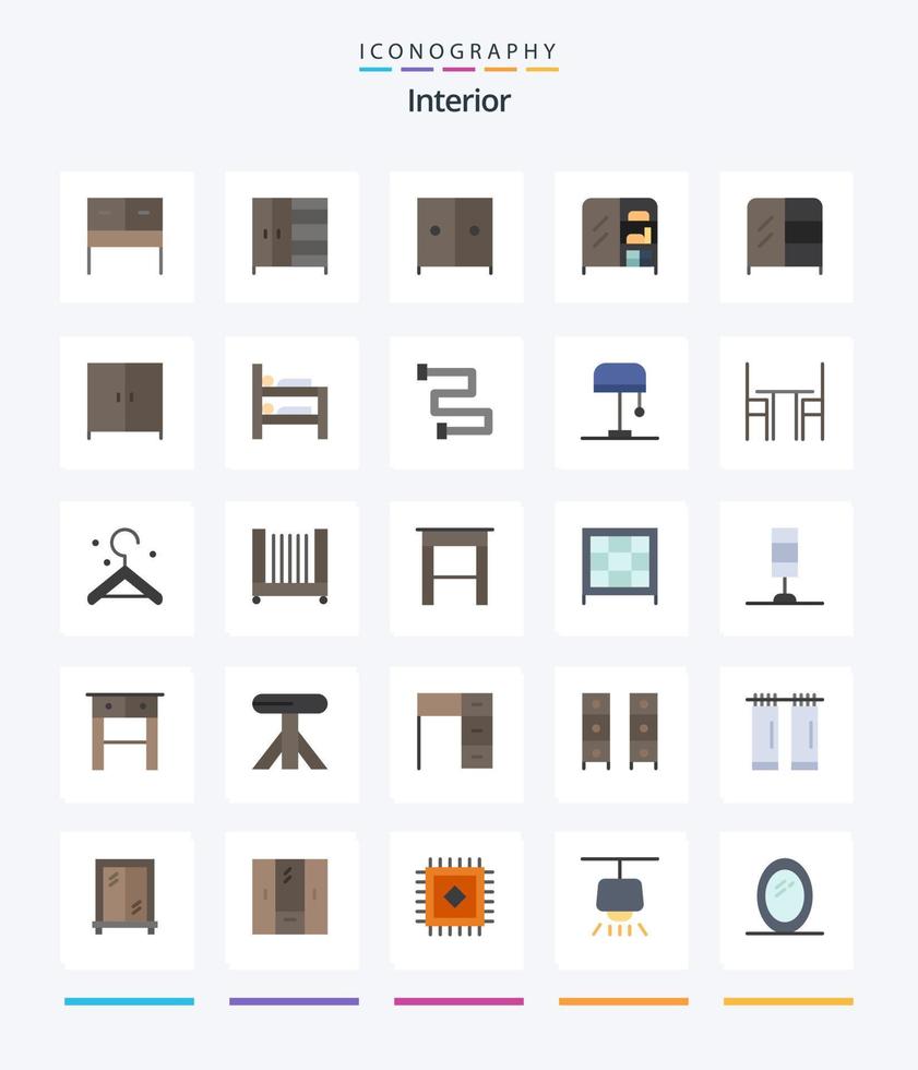 kreativ interiör 25 platt ikon packa sådan som möbel. stol. rum. ljus. skrivbord vektor