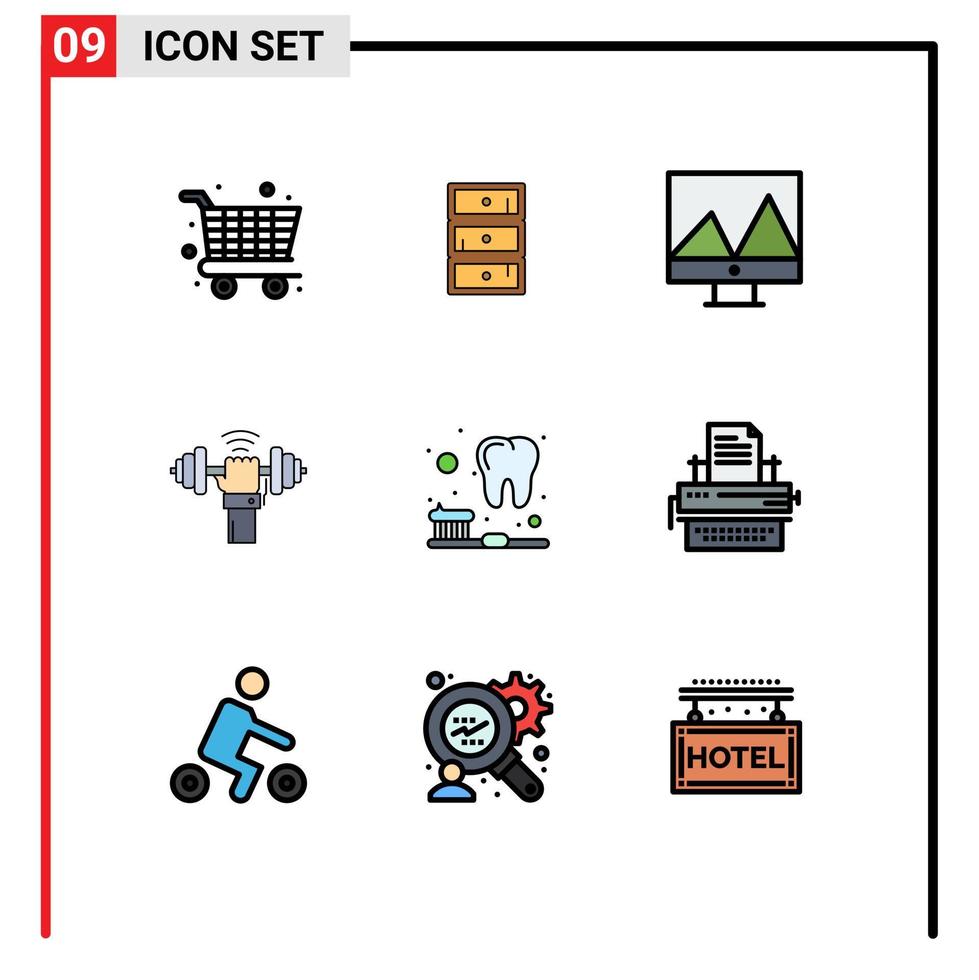 Aktienvektor-Icon-Pack mit 9 Zeilenzeichen und Symbolen für Zahnbürsten zeigen bearbeitbare Vektordesign-Elemente für Sportheben an vektor