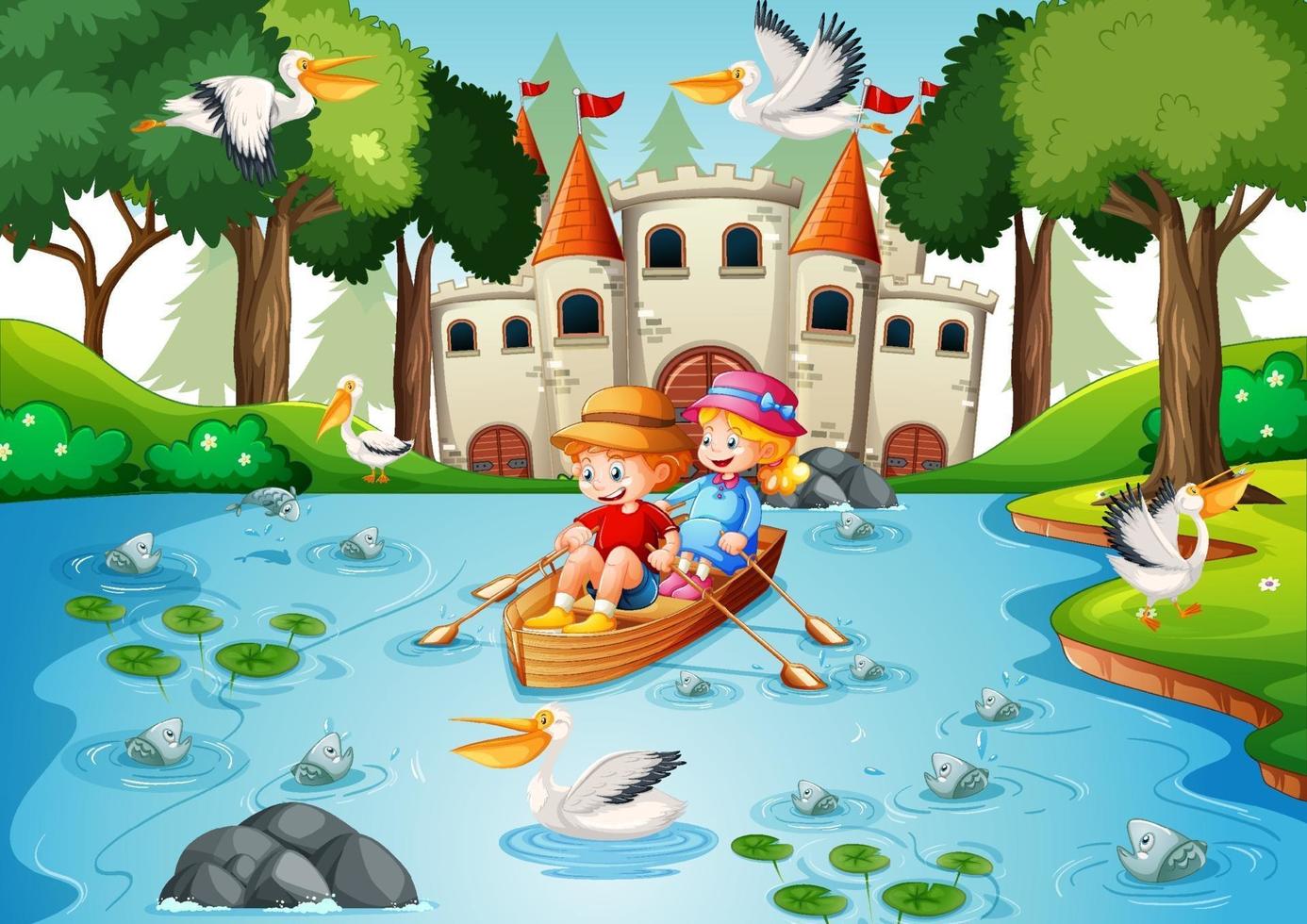 två barn rodrar båten i floden park scen vektor