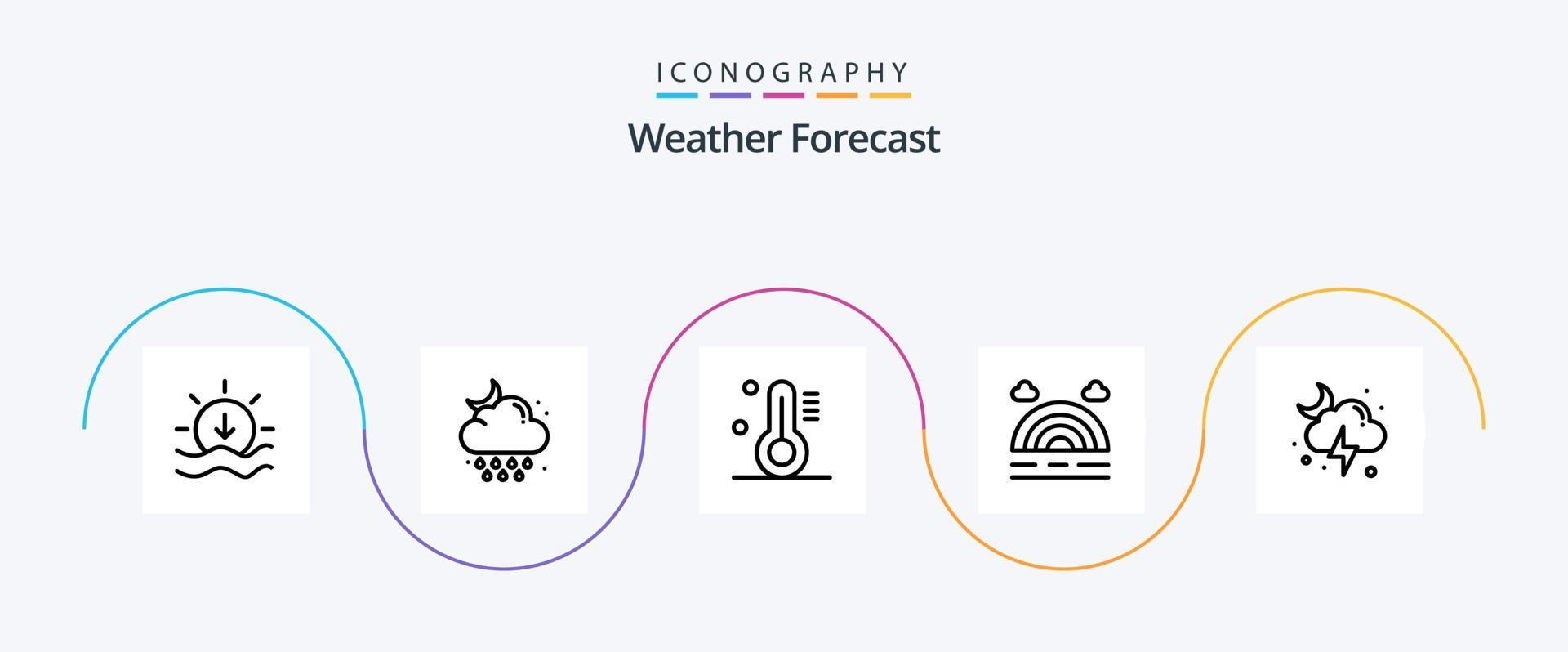 Weather Line 5 Icon Pack inklusive Sturm. Blitz. Temperatur. Wolke. Regenbogen vektor