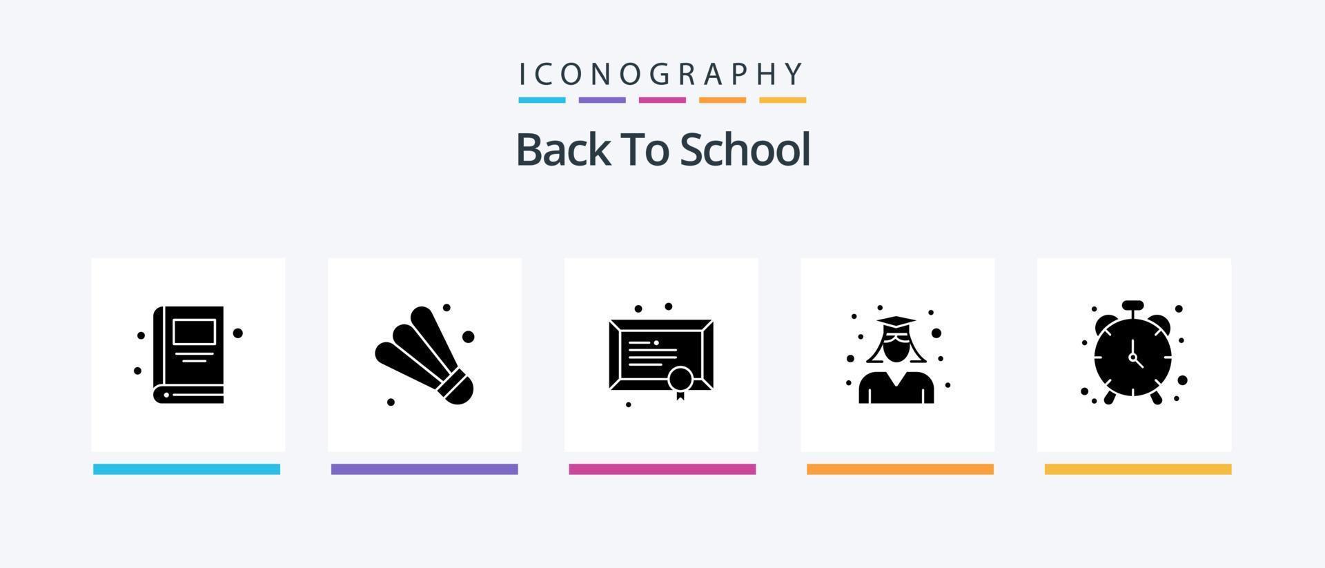 tillbaka till skola glyf 5 ikon packa Inklusive tidmätare. larm. skola. kvinna. gradering. kreativ ikoner design vektor