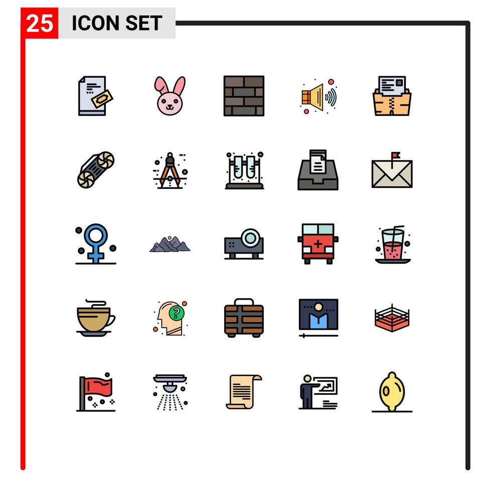 Stock-Vektor-Icon-Pack mit 25 Zeilenzeichen und Symbolen für Dokument-Zip-Bricks-Layout-Volumen-Audio-editierbare Vektordesign-Elemente vektor