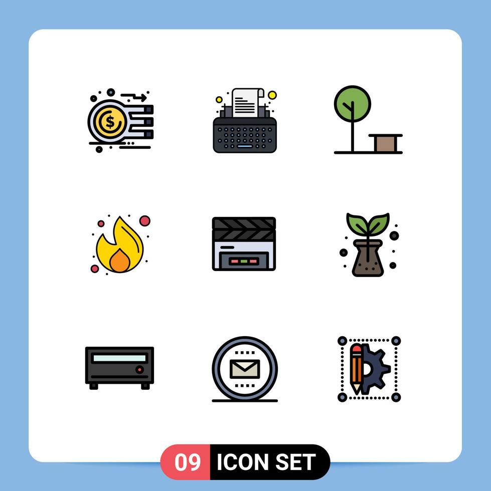 Stock Vector Icon Pack mit 9 Zeilen Zeichen und Symbolen für SEO Marketing Writer Fire Place editierbare Vektordesign-Elemente