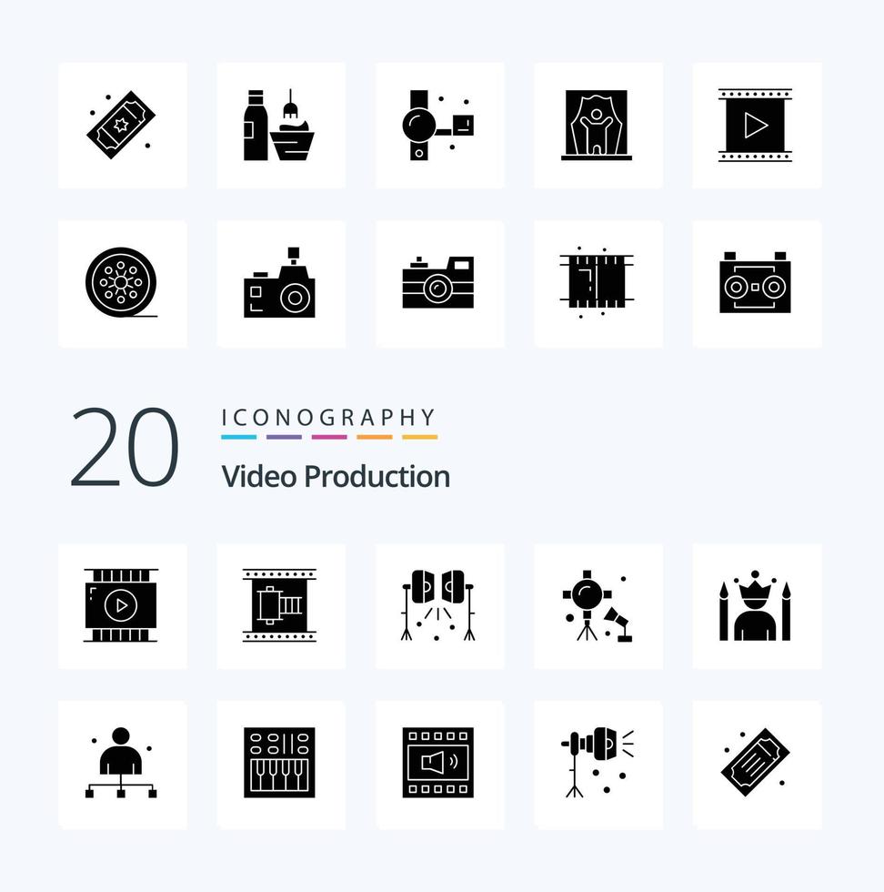 20 Videoproduktion Solid Glyph Icon Pack wie Star Promi Filmrolle Studio beleuchtet Scheinwerfer vektor