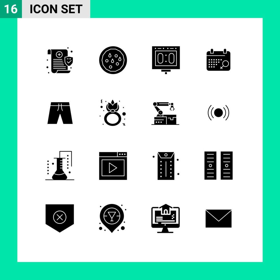 16 thematische Vektor-Solid-Glyphen und editierbare Symbole für Kleidung, Shorts, Anzeigetafel, Plan, Kalender, editierbare Vektordesign-Elemente vektor