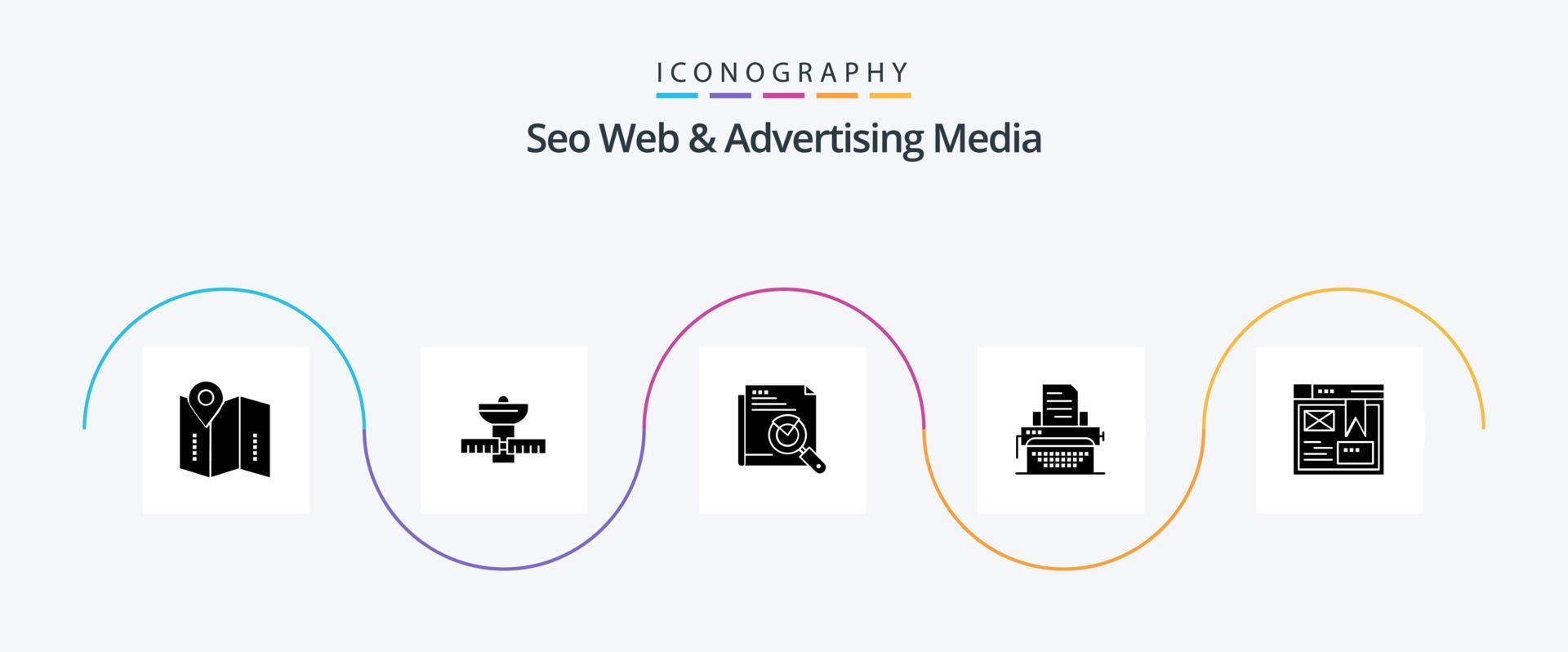 SEO Web und Werbemedien Glyph 5 Icon Pack inklusive Dokument. Schreibmaschine. Satellit. Layout. Netz vektor