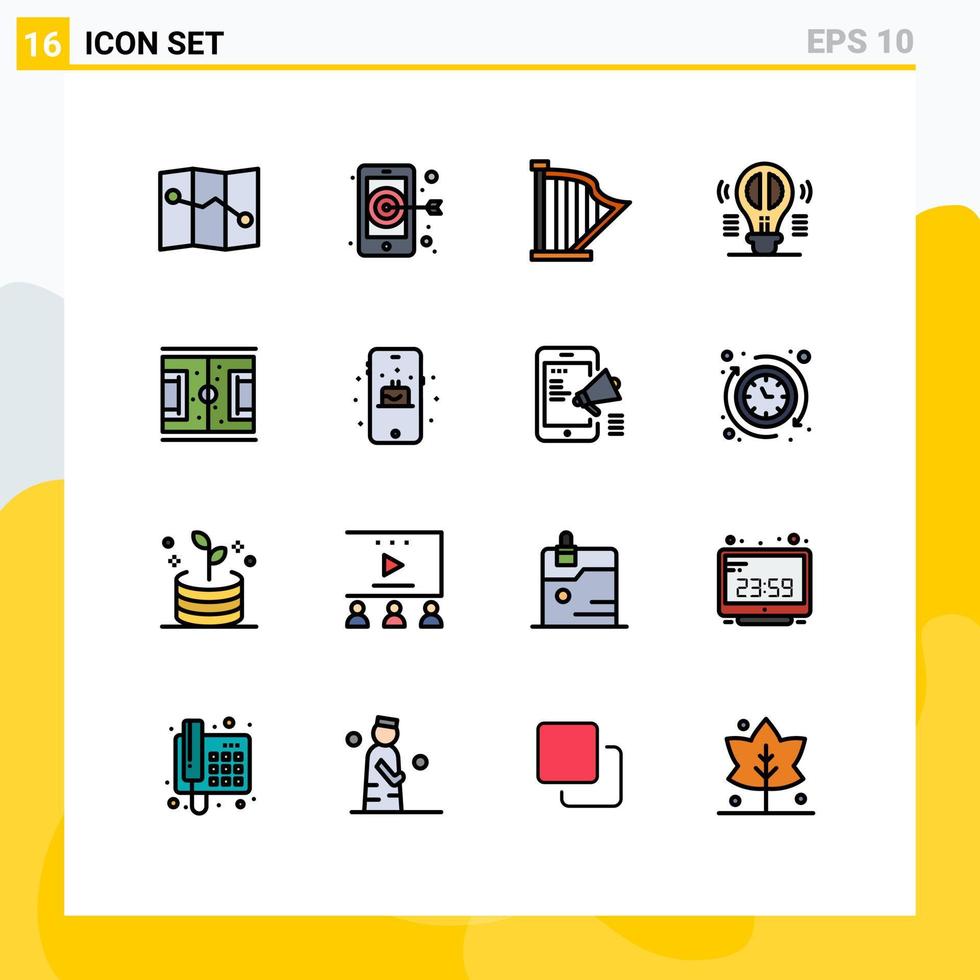 modern uppsättning av 16 platt Färg fylld rader pictograph av lekplats fotboll musik tänkande kreativ tänkande redigerbar kreativ vektor design element
