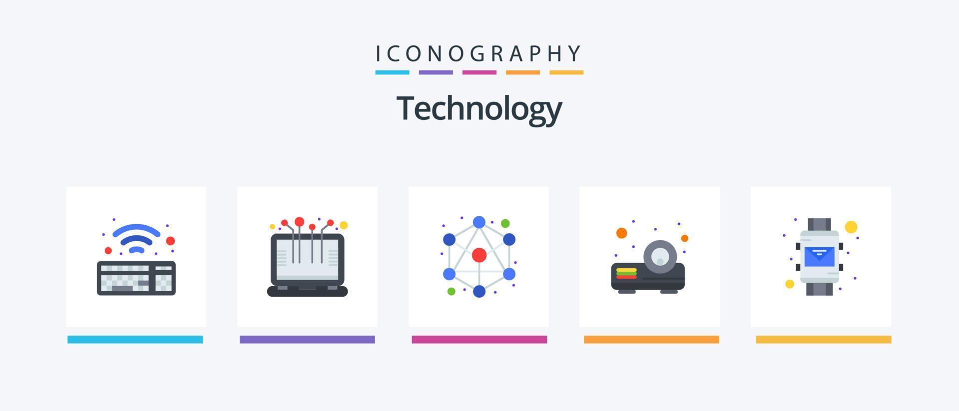 teknologi platt 5 ikon packa Inklusive . smart handled. hierarki. kuvert. projektor. kreativ ikoner design vektor