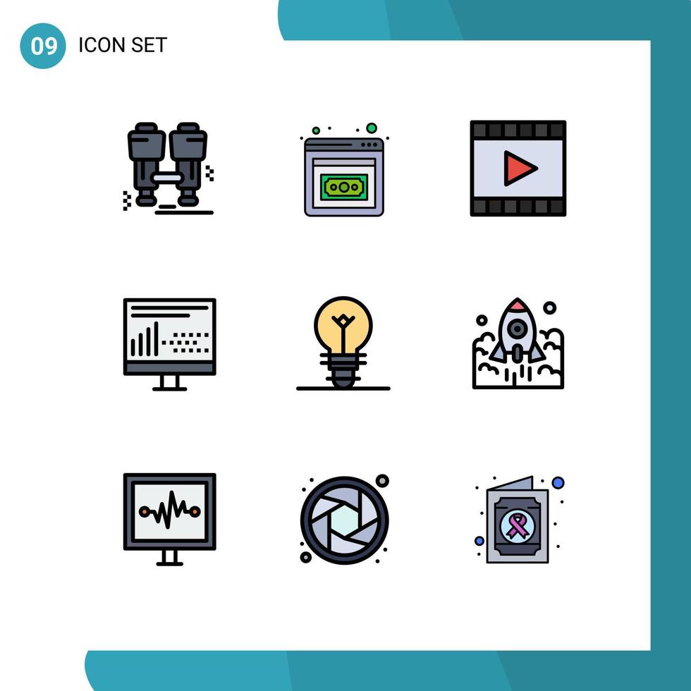 uppsättning av 9 modern ui ikoner symboler tecken för Glödlampa programmering media spelare utveckling kodning redigerbar vektor design element
