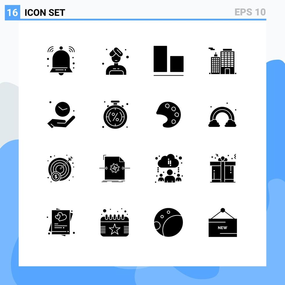 Gruppe von 16 modernen soliden Glyphen, die für bearbeitbare Vektordesign-Elemente der Zeitzeiger-Bodenuhr-Corporation festgelegt werden vektor