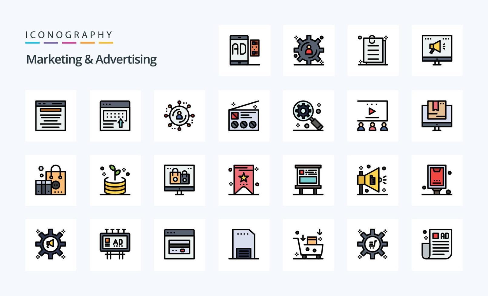 25 mit Marketing- und Werbelinien gefülltes Style-Icon-Pack vektor