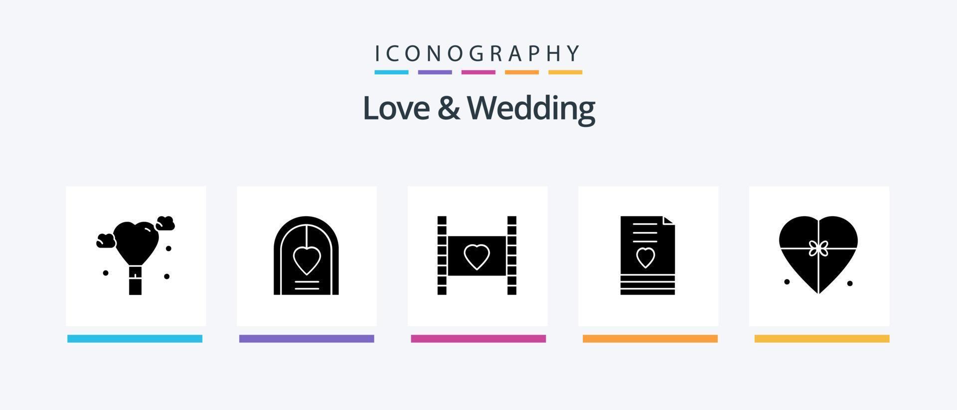 kärlek och bröllop glyf 5 ikon packa Inklusive kärlek. inbjudan. bröllop. hjärta. kärlek. kreativ ikoner design vektor