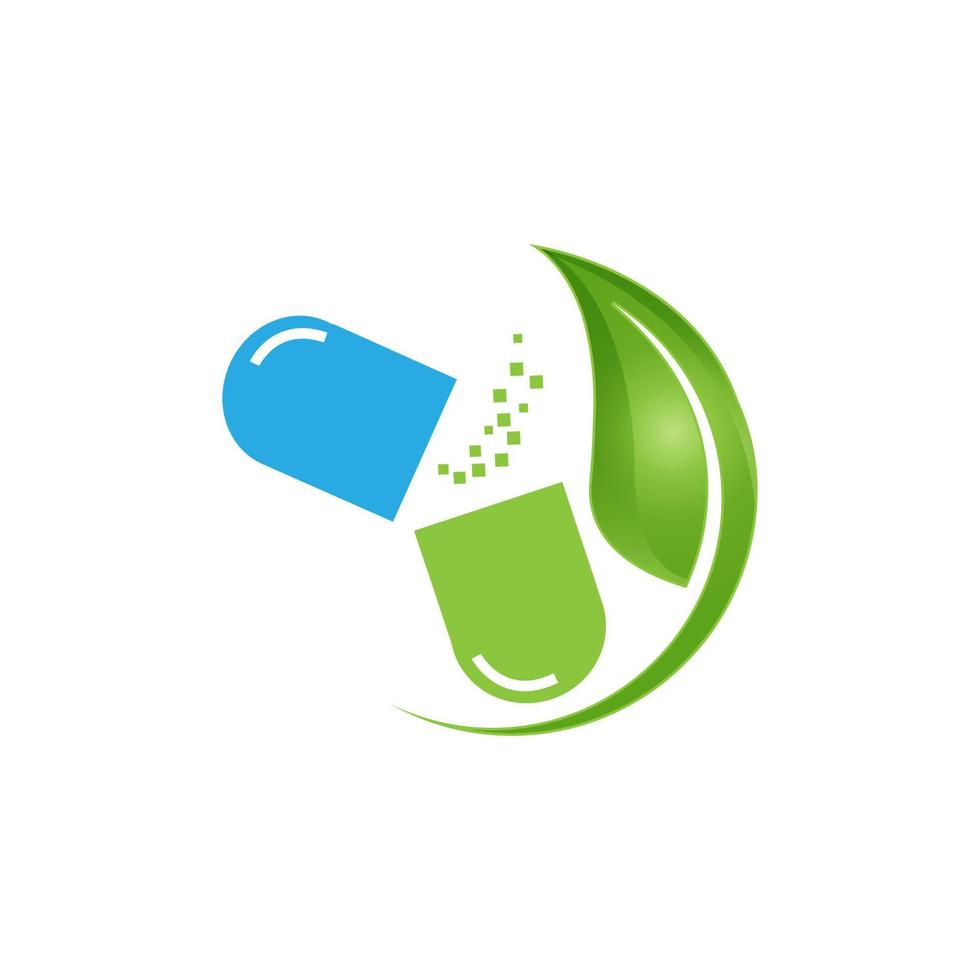 Kapselapotheke medizinischer Logo-Vorlagenvektor. Logo mit Natur oder Blatt mit blauer und grüner Farbe. Dieses Logo eignet sich für Gesundheitsunternehmen, Arzt, Krankenhaus, Kreuzsymbol. vektor