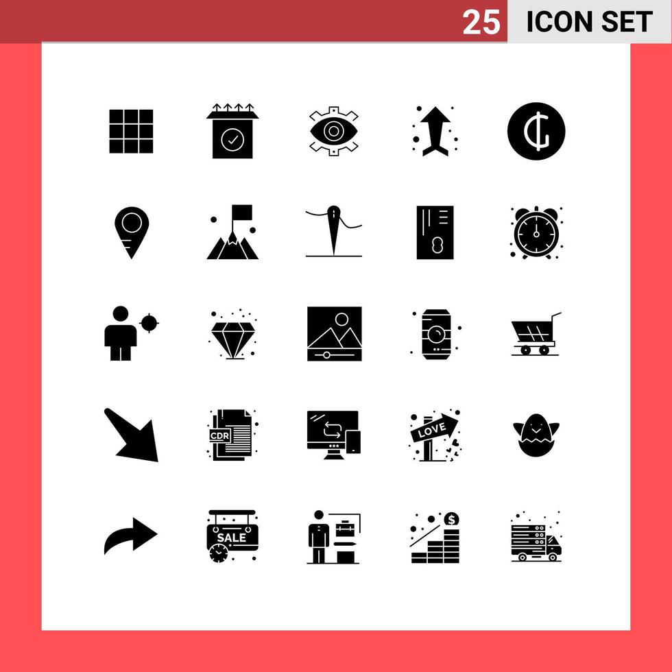 25 solides Glyphenpaket der Benutzeroberfläche mit modernen Zeichen und Symbolen der Währung nach oben Produktionspfeile Produktion editierbare Vektordesign-Elemente vektor