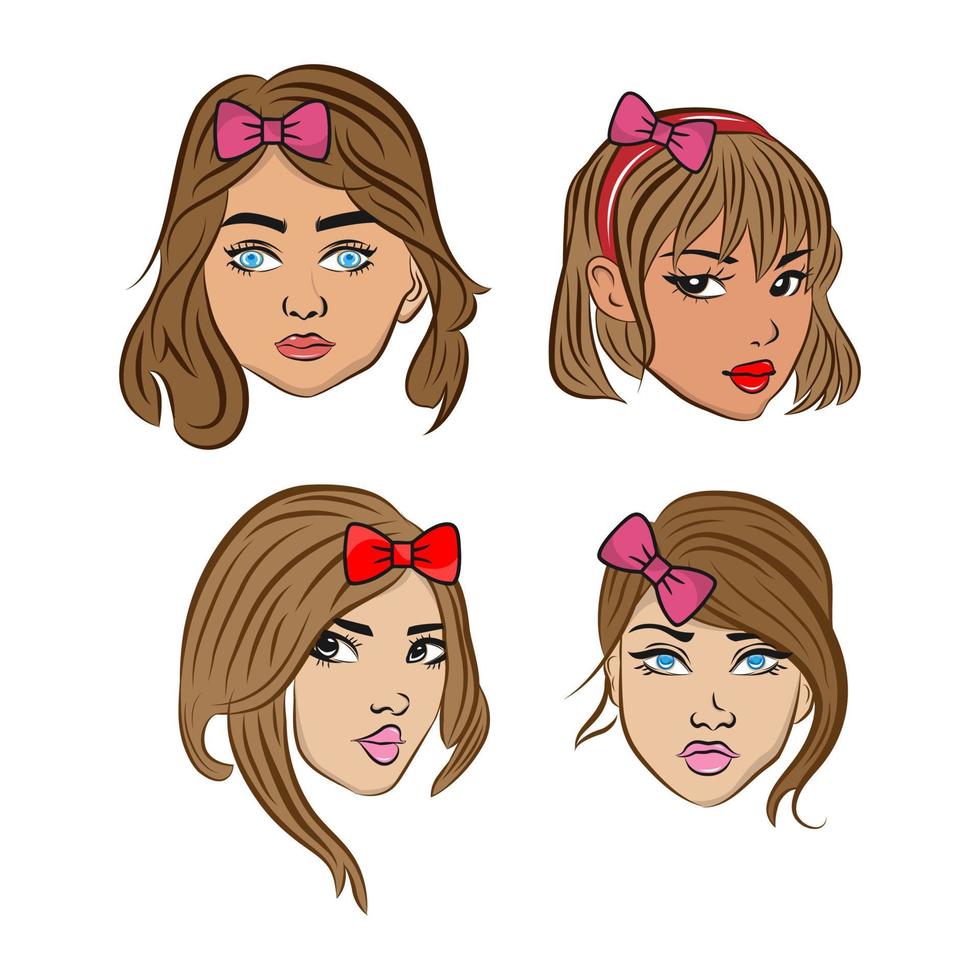 kvinnor med olika frisyrer och tejp färger, fyra annorlunda skön kvinnor med fyra annorlunda ansikten. vektor