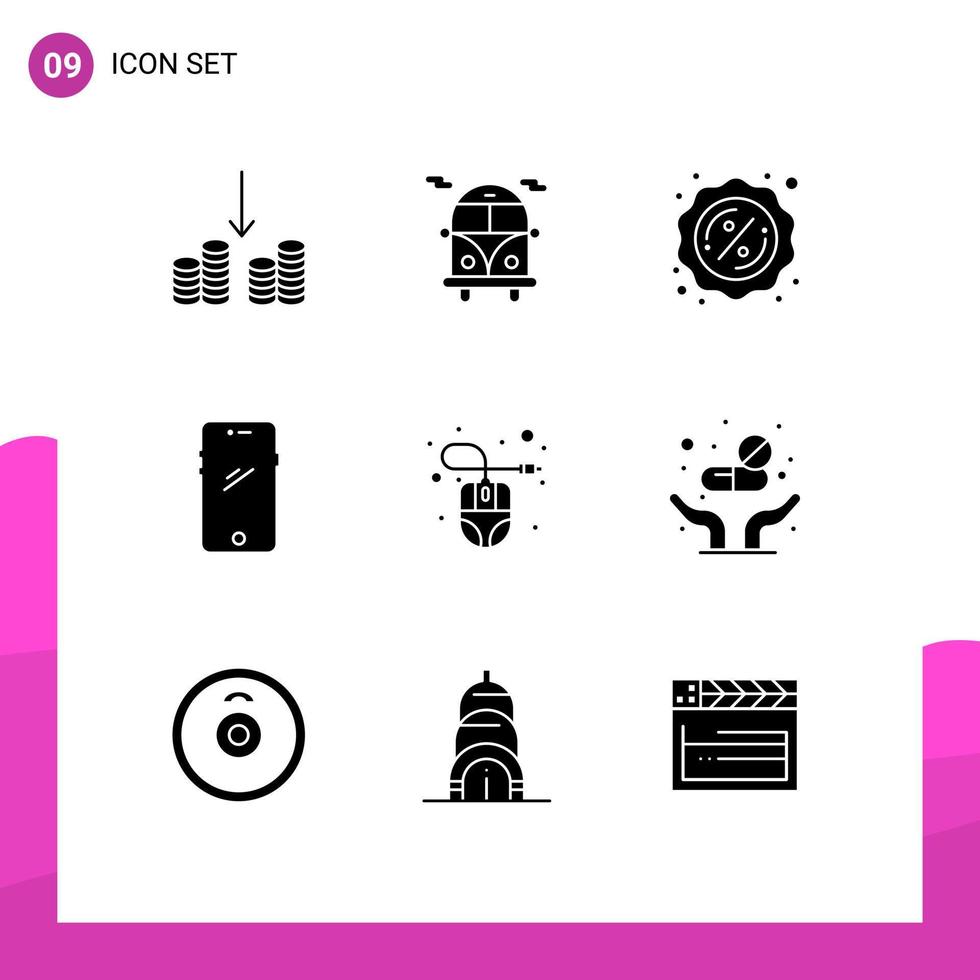 Piktogramm-Set aus 9 einfachen soliden Glyphen der Maus Computer-Maus-Tag Computer Android editierbare Vektordesign-Elemente vektor