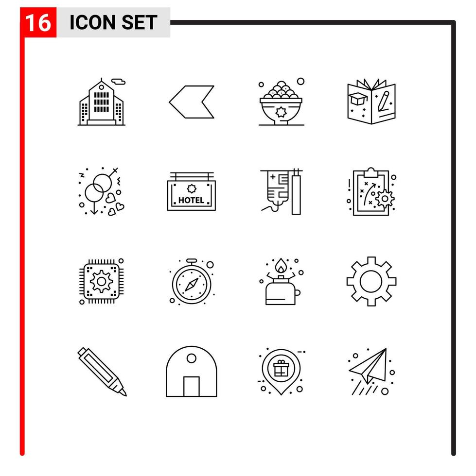 Piktogramm-Set mit 16 einfachen Umrissen von editierbaren Vektordesign-Elementen für Hochzeit, Geschlecht, Iftar-Engagement-Absolvent vektor