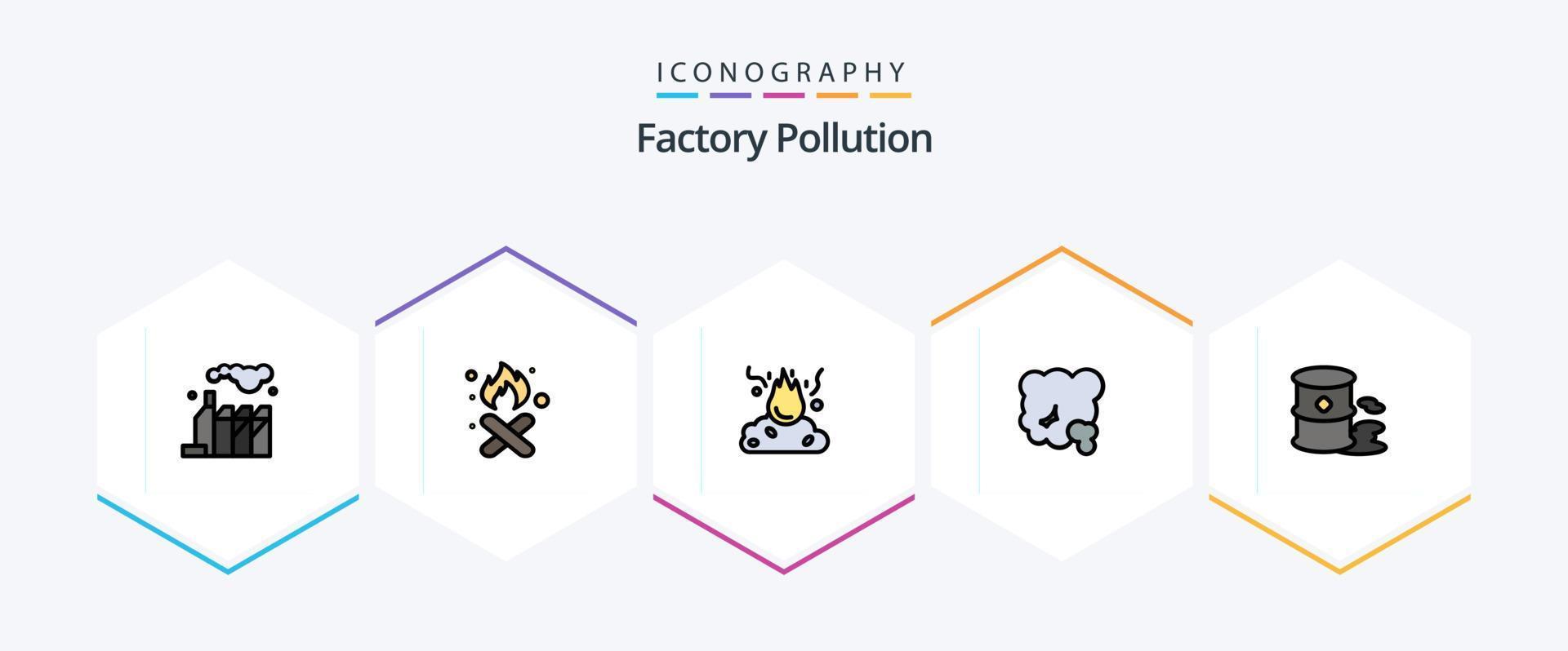 Fabrikverschmutzung 25 gefüllte Linien Icon Pack inklusive . Verschmutzung. Luft. Müll. Fässer vektor