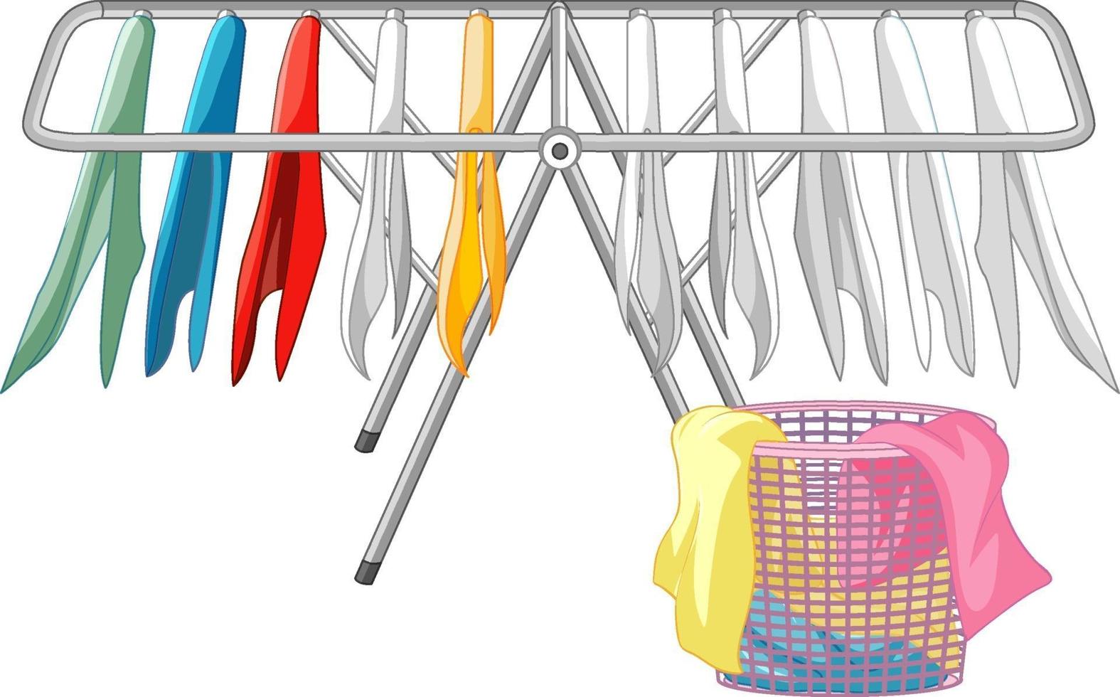 hängande kläder med tvättkorg på vit bakgrund vektor