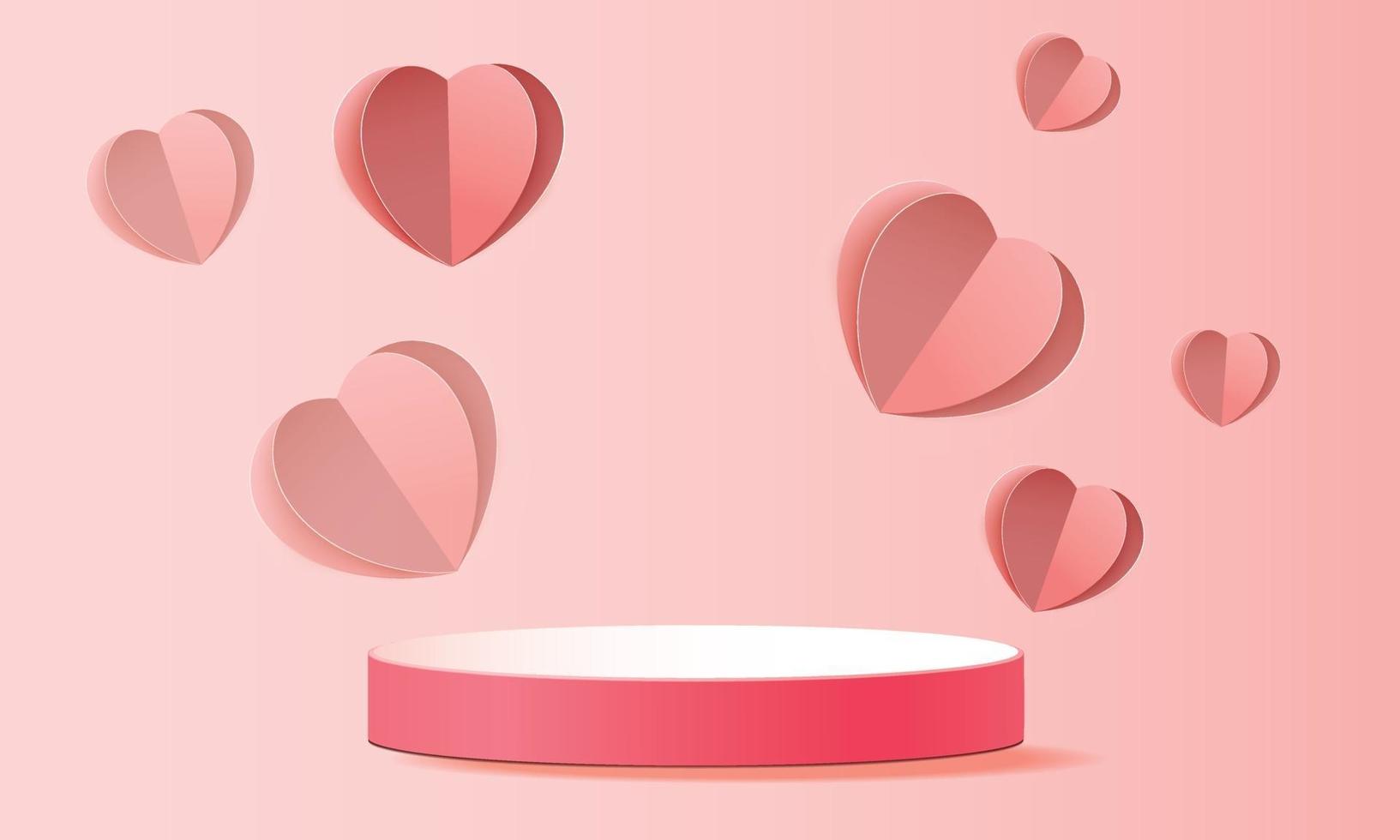 Produkthintergrund des roten Podiums 3d für Valentinstag. Rosa und Herz lieben Romantik Konzept Design Vektor Illustration Dekoration Banner