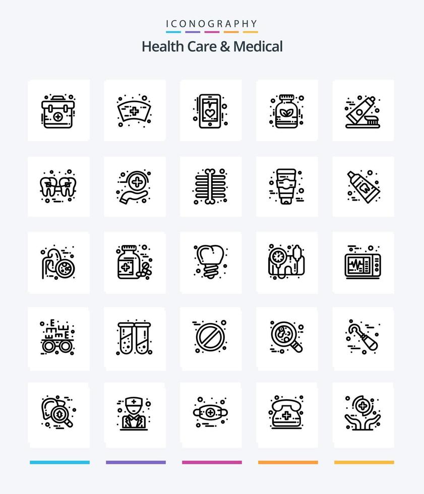 kreatives Gesundheitswesen und medizinisches 25-Umriss-Icon-Pack wie Zahnbürste. Medizin. EKG. Homöopathie. Alternative vektor