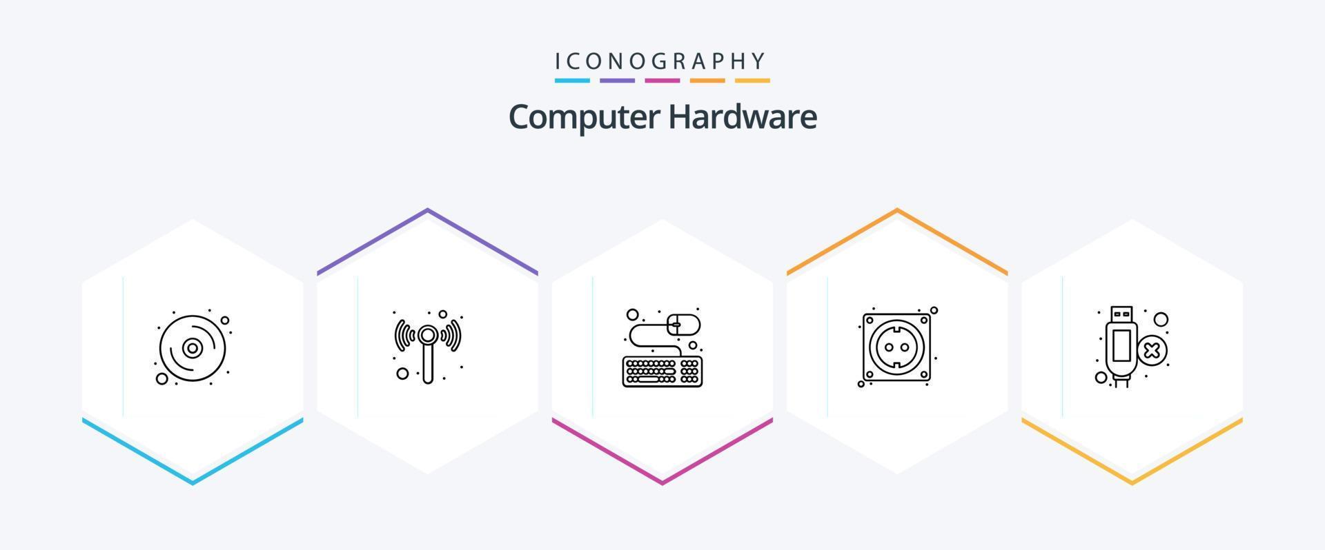 Computerhardware 25-Zeilen-Icon-Pack einschließlich . Verlängerung. Klaviatur. Kabel. Hardware vektor