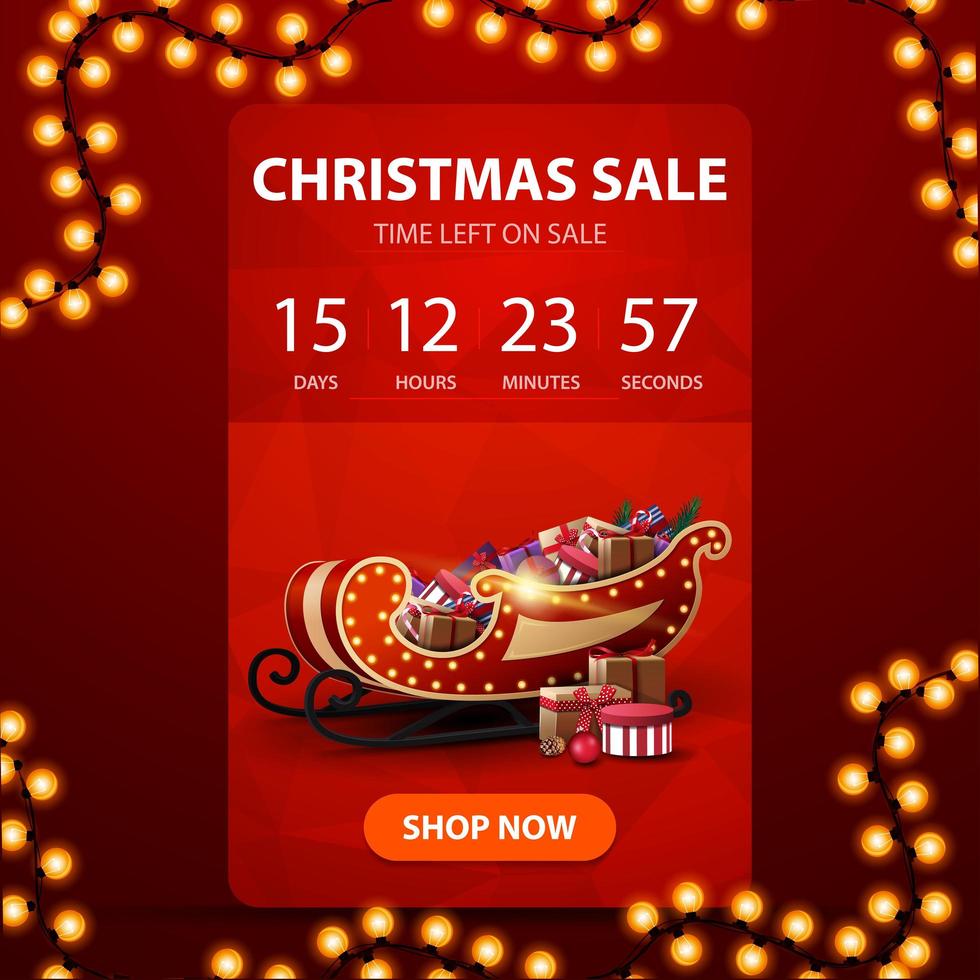 Weihnachtsverkauf, rotes vertikales Banner mit Countdown-Timer, polygonaler Textur und Weihnachtsschlitten mit Geschenken vektor