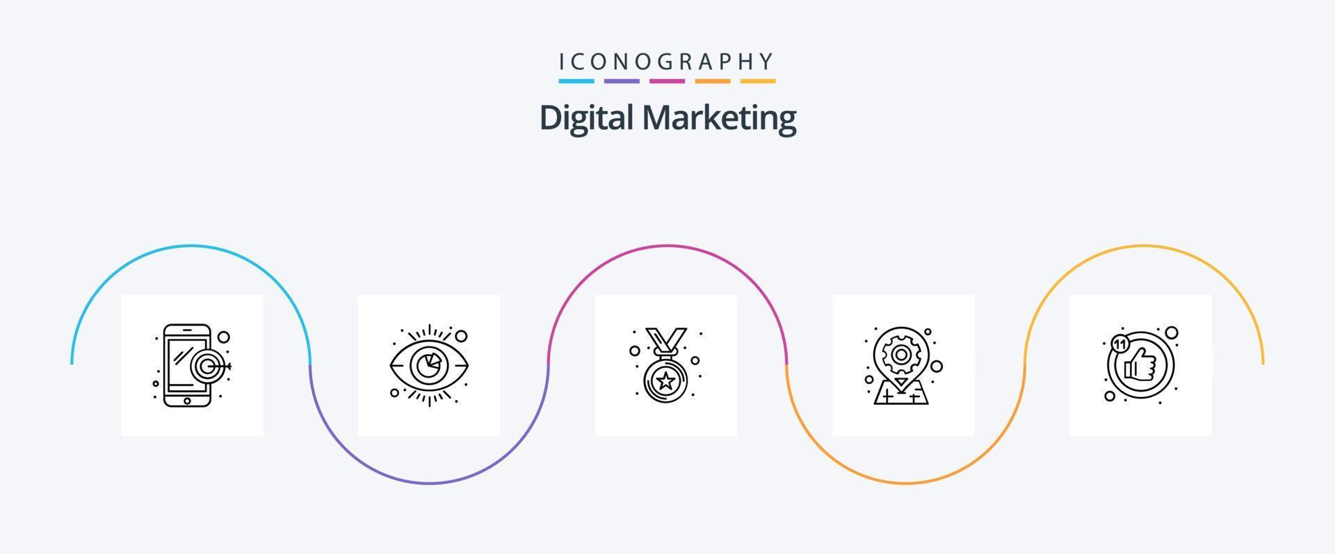 digital marknadsföring linje 5 ikon packa Inklusive tumme. tycka om. medalj. stift. plats vektor