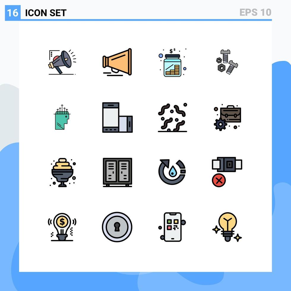 Gruppe von 16 modernen, flachen, farbgefüllten Linien für Hypnose-Werkzeuge, Münzen, Schraubenbolzen, editierbare kreative Vektordesign-Elemente vektor