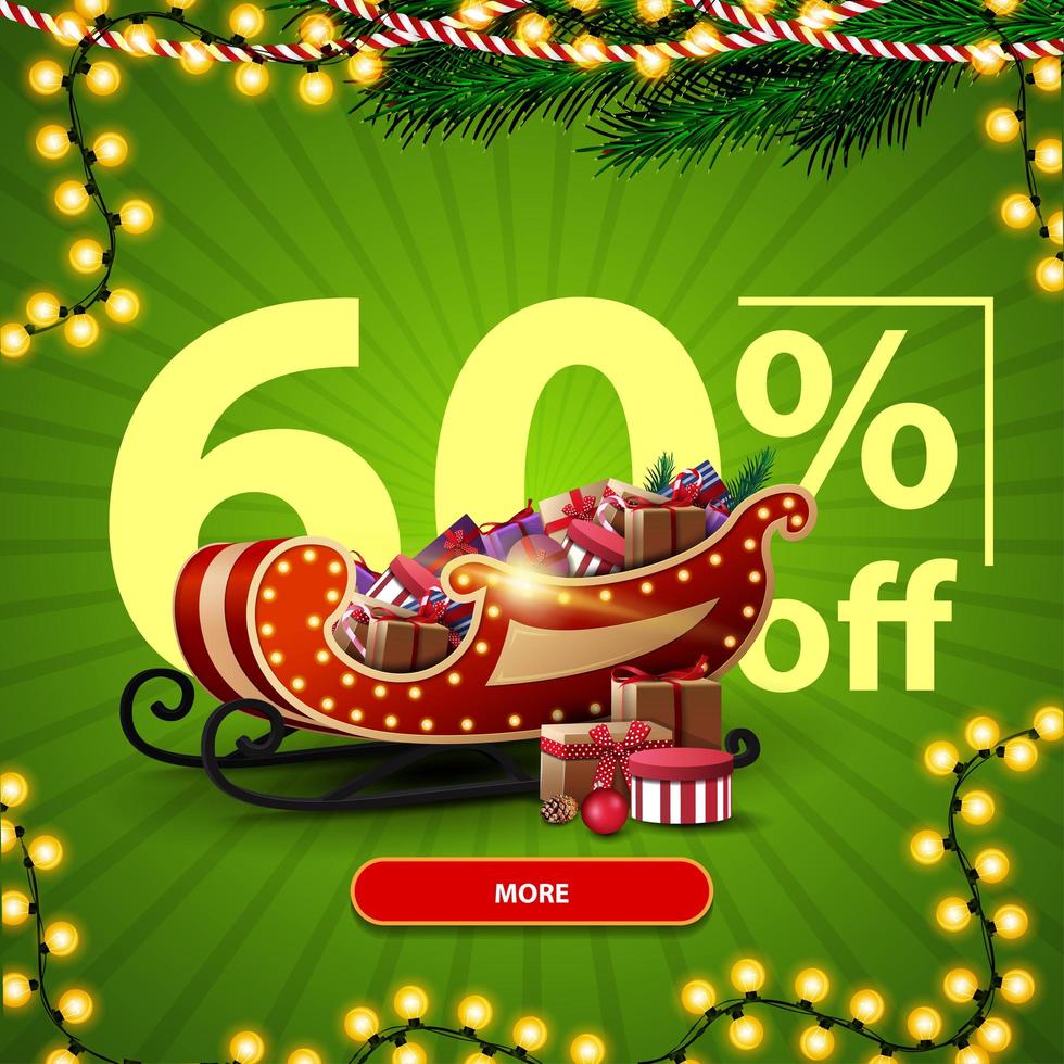 julförsäljning, upp till 60 rabatt, grön rabattbanner med stort antal, knapp, krans och jultomte med presenter vektor