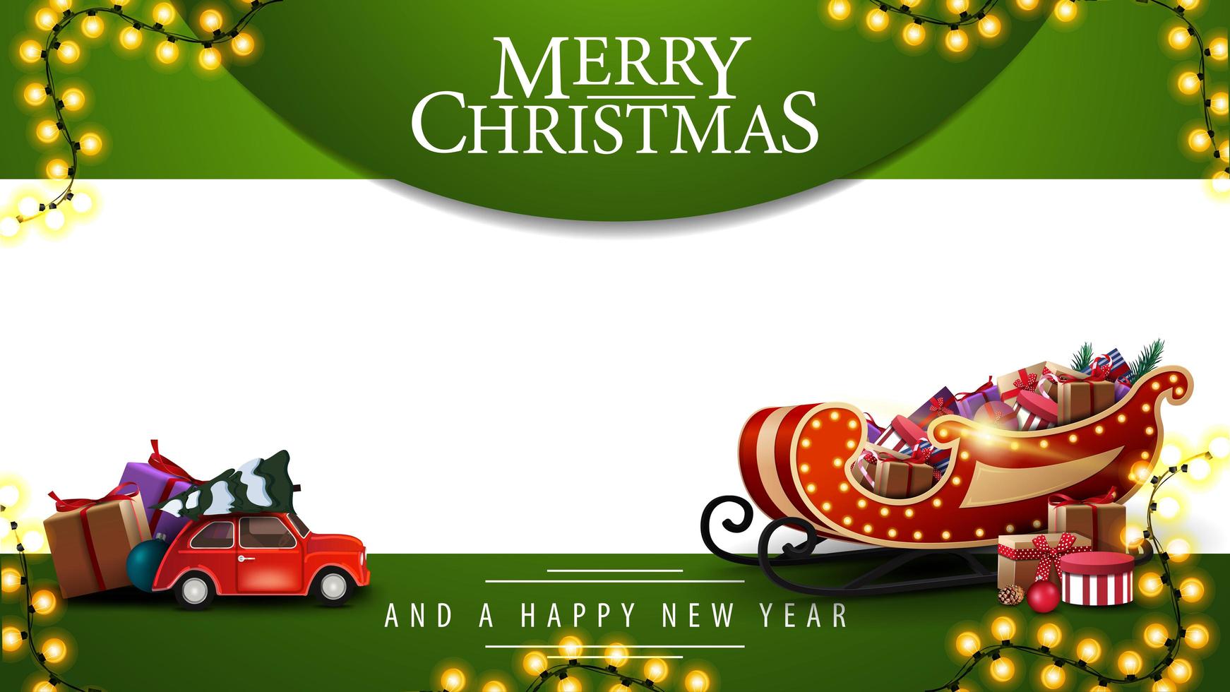 god jul och gott nytt år, grön och vit mall för din konst med krans, röd vintage leksaksbil som bär julgran och santa släde med presenter vektor