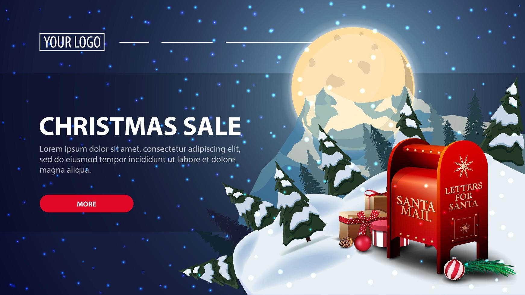 Weihnachtsverkauf, horizontales Rabatt-Web-Banner mit sternenklarer Nacht. voller blauer Mond mit Sternenhimmel und Silhouette des Planeten vektor