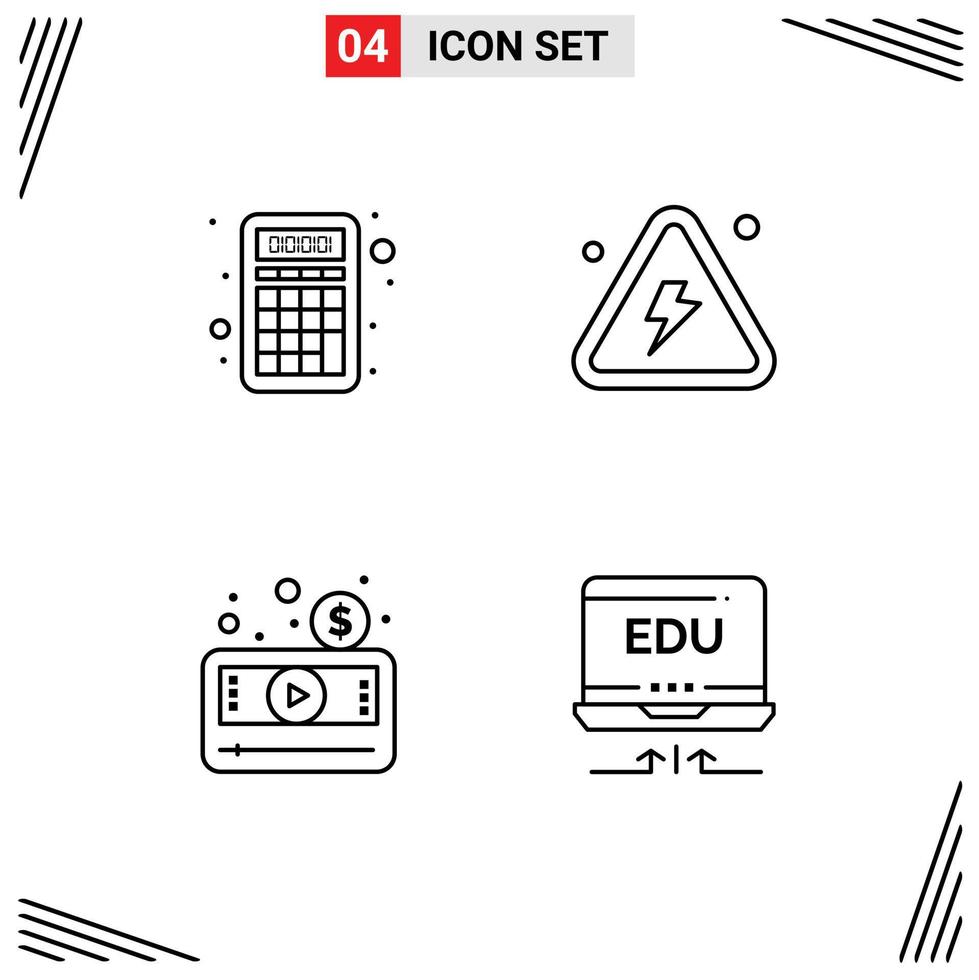 Stock Vector Icon Pack mit 4 Zeilen Zeichen und Symbolen für die Buchhaltung Geld Bildung Feuer Media Player editierbare Vektordesign-Elemente