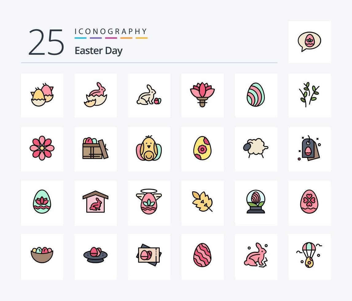 Ostern 25 Zeilen gefülltes Icon Pack inklusive Catkin. Frühling. Blume. Natur. Ei vektor