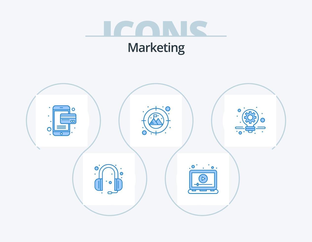 Marketing Blue Icon Pack 5 Icon-Design. Lösung. Geschäft. Video. Ziel. Fokus vektor