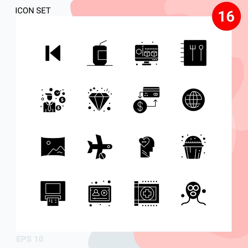 16 tematiska vektor fast glyfer och redigerbar symboler av investerare affärsman snabb mat recept dator redigerbar vektor design element