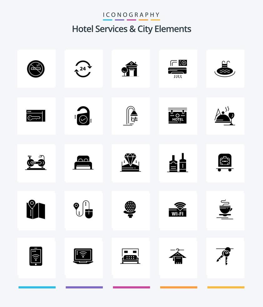 kreative Hotelservices und Stadtelemente 25 Glyphen-Symbolpaket in Schwarz, z. B. Zimmer. Klimaanlage. Service. Luft. Haus vektor