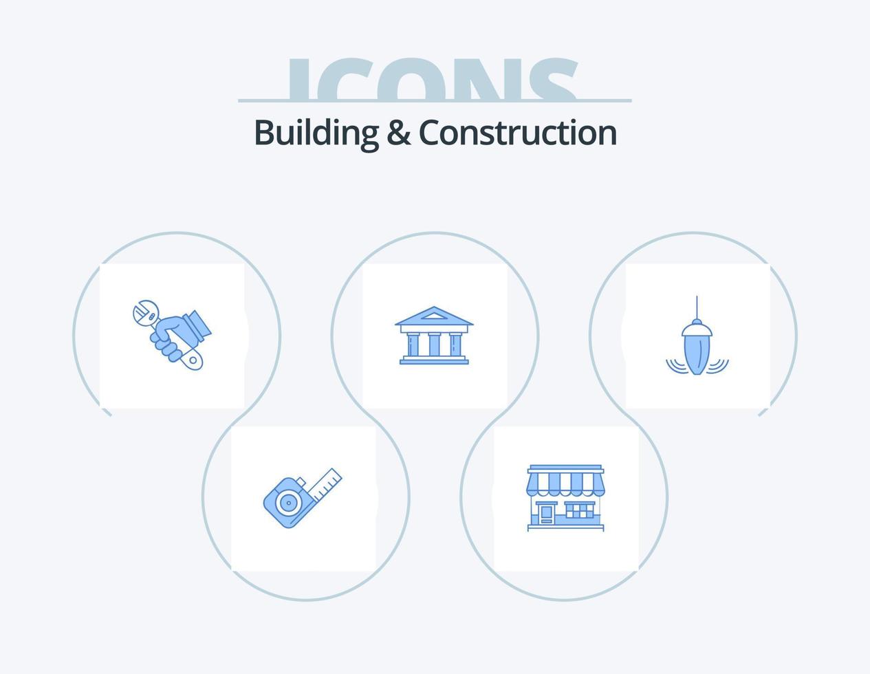 Bau- und Konstruktionsblau-Icon-Pack 5-Icon-Design. Finanzen. Gerichtsgebäude. Gebäude. Bank. Werkzeug vektor