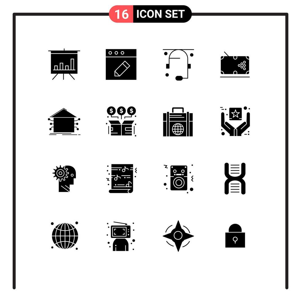 modern uppsättning av 16 fast glyfer pictograph av hus automatisering hjälp spela tabell redigerbar vektor design element