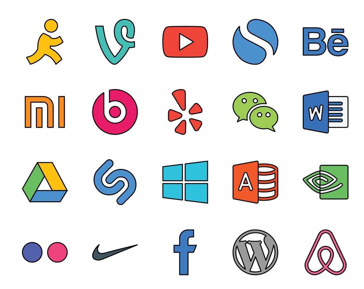 20 Symbolpakete für soziale Medien, einschließlich Flickr, Microsoft Access, Yelp, Windows, Google Drive vektor