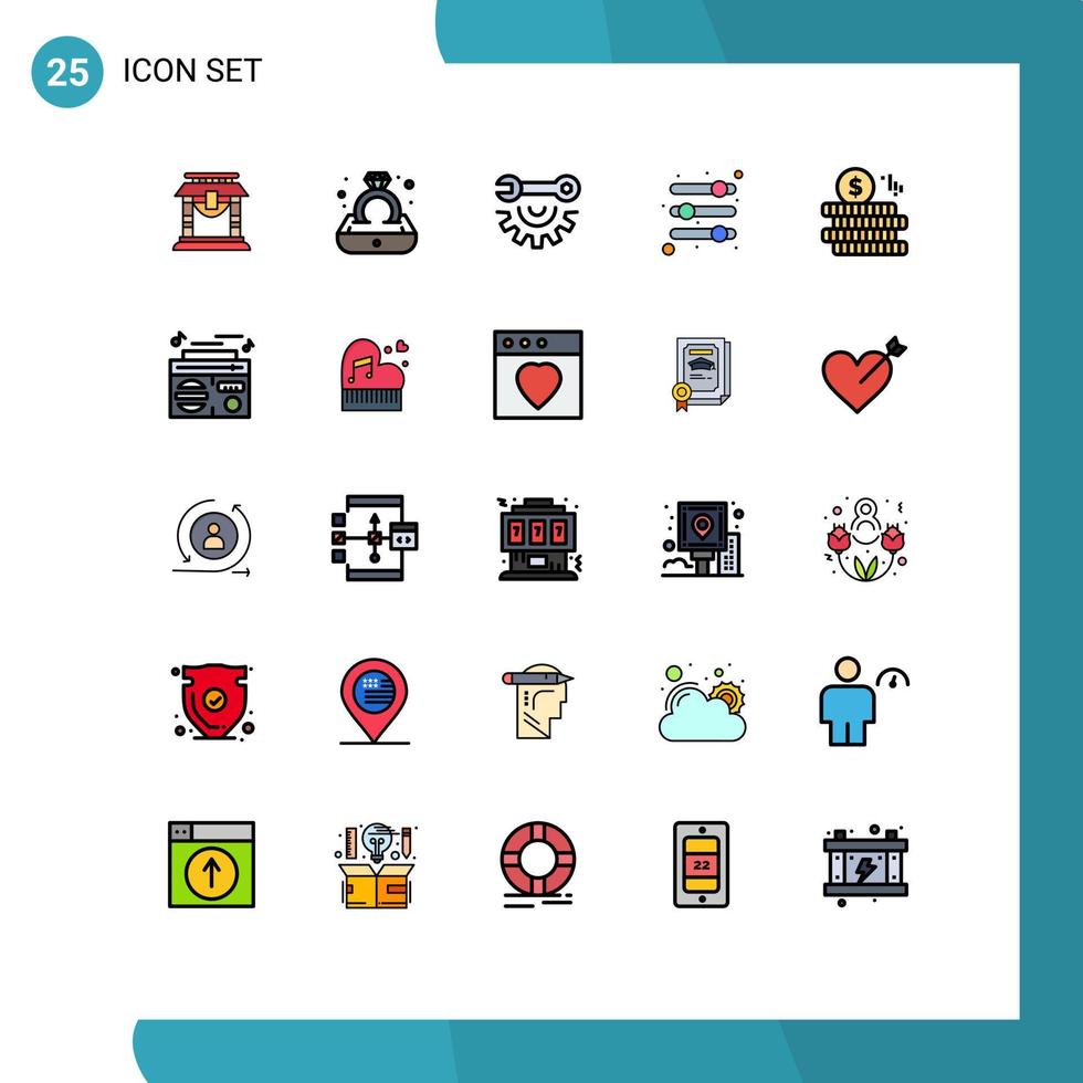 redigerbar vektor linje packa av 25 enkel fylld linje platt färger av mynt skjutreglage rycka hjul parametrar alternativ redigerbar vektor design element