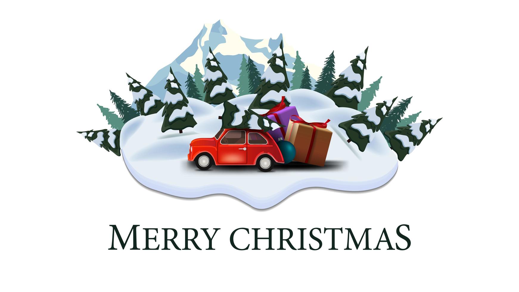 Frohe Weihnachten, moderne Postkarte mit Kiefern, Drifts, Berg und rotem Oldtimer mit Weihnachtsbaum vektor